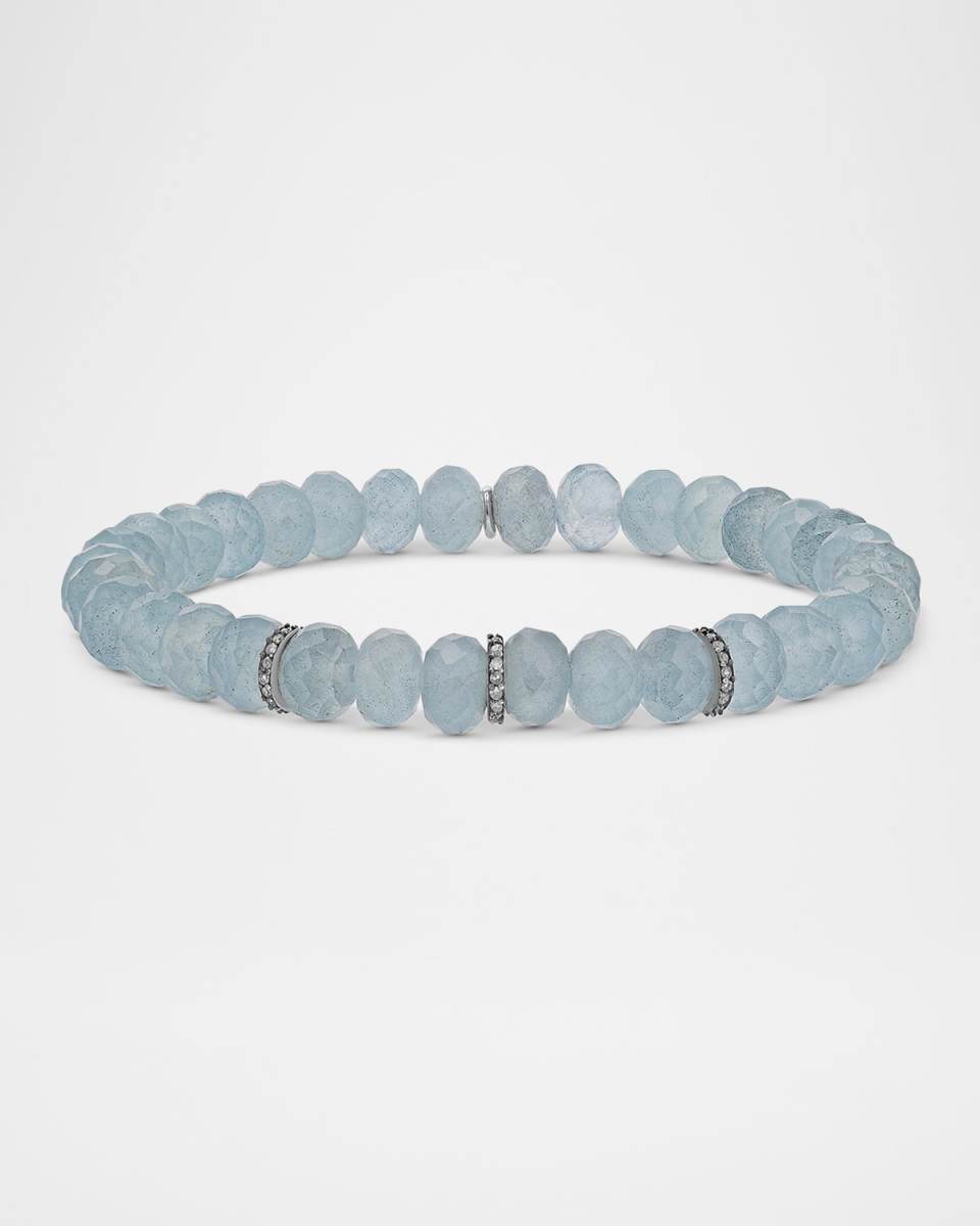 Aquamarine Bead Bracelet with Three Diamond Rondelles